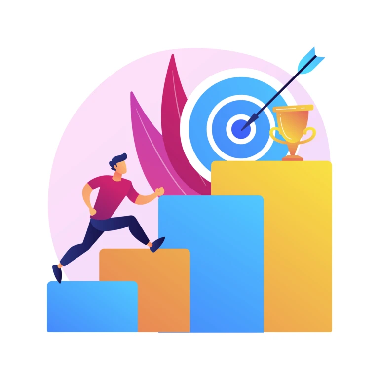 Person climbing three rising blocks toward a bullseye with an arrow and a trophy on top.