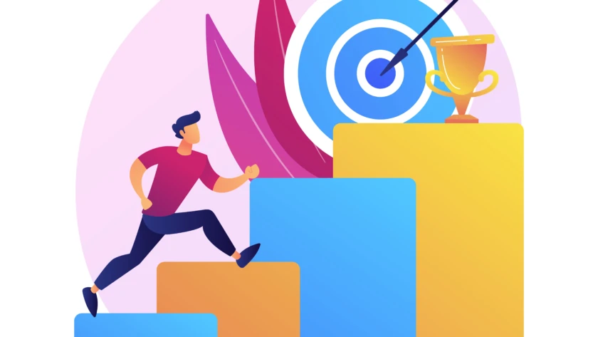 Person climbing three rising blocks toward a bullseye with an arrow and a trophy on top.