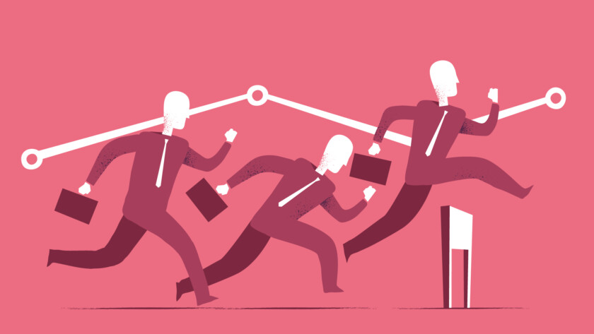 Illustration of a business team running beneath a rising line chart; the lead runner is leaping a hurdle.