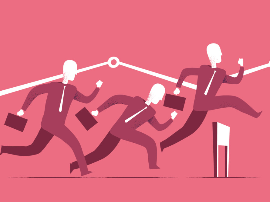 Illustration of a business team running beneath a rising line chart; the lead runner is leaping a hurdle.